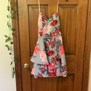 Pink Floral Grey Flowy Strapless Dress Size 11/12